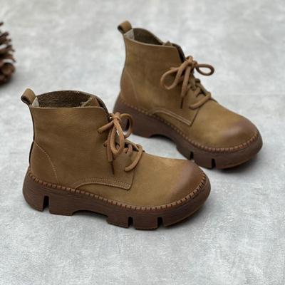 Vintage Handmade Genuine Leather Thick Sole Short Boots Round Toe Lace Up Cowhide Women's Shoes