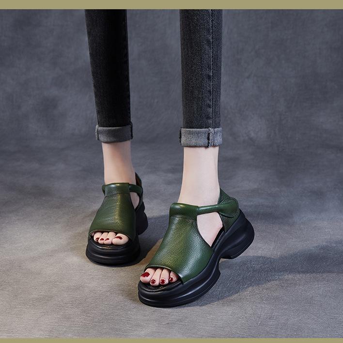Johnature Scarpe da Donna in Vera Pelle con Suola Spessa Peep Toe Retro Sandali con Zeppa Comodi