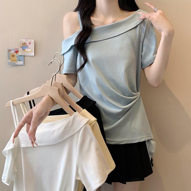 2026 Summer Off-Shoulder Asymmetrical Top: Slim Fit, Pleated, Waist-Cinching, Short Sleeves L белый
