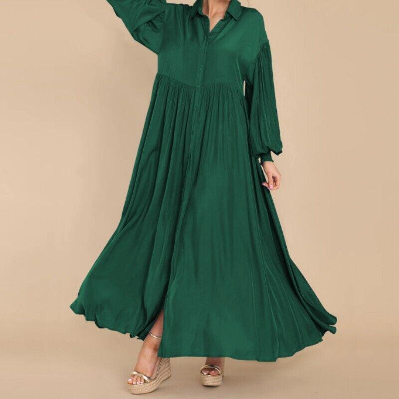 Women's Casual Button-Lapel Solid Color Pleated Long Sleeve Maxi Dress