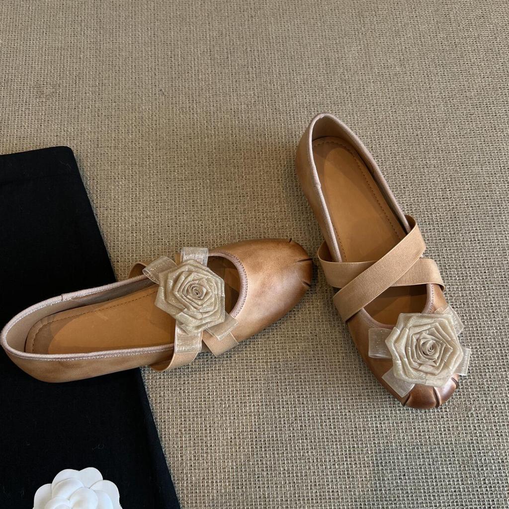 Fashion Women's casual light yellow round toe shoes retro camellia flat bottom cross with shallow mouth simple comfortable single shoe