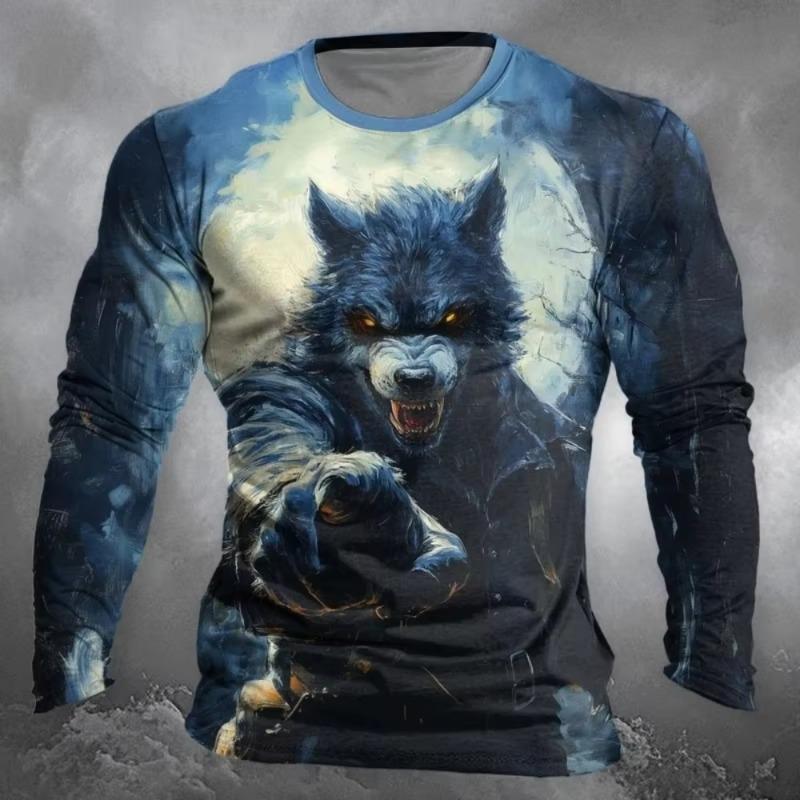 Werewolf Full Moon Pattern 3D Printed Men's Long-Sleeved T-Shirt - Fashionable and Cool -   Outdoor Street Sports Breathable Top