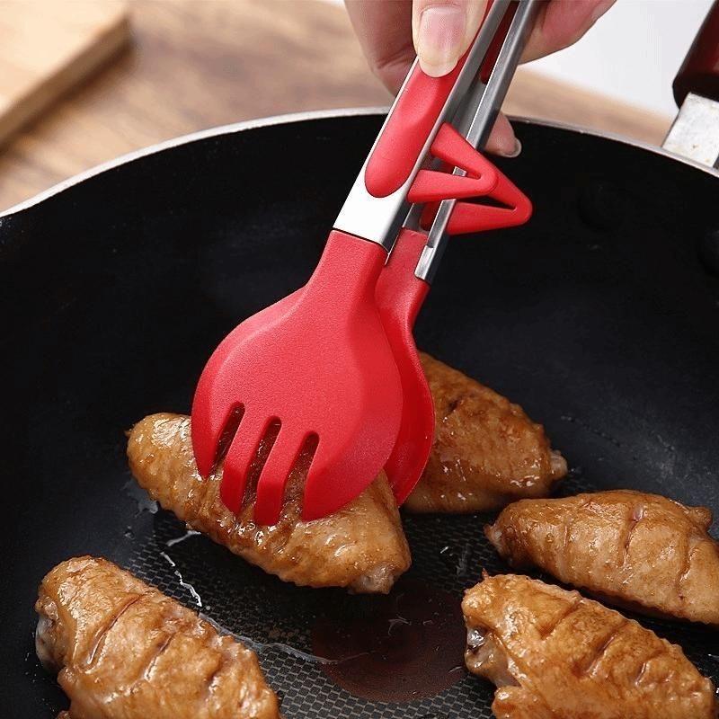 Vertical Foot Kitchen Food Tongs – Stainless Steel Heat Resistant Silicone Tips Round, Strong Comfort Grip,Non-Scratch Pan, for Cooking, BBQ, Salad