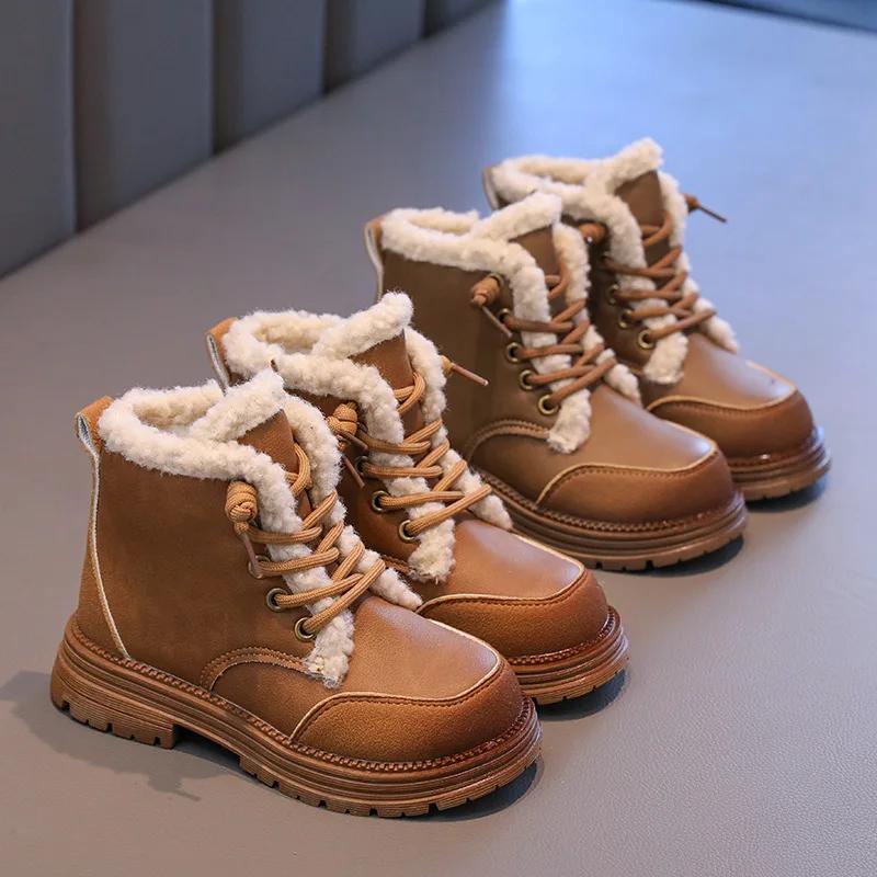New Winter Girls Thick Bottom Boots Fashion Plush Versatile Children's Causal Cotton Boots Patchwork Round-toe Kids Ankle Boots
