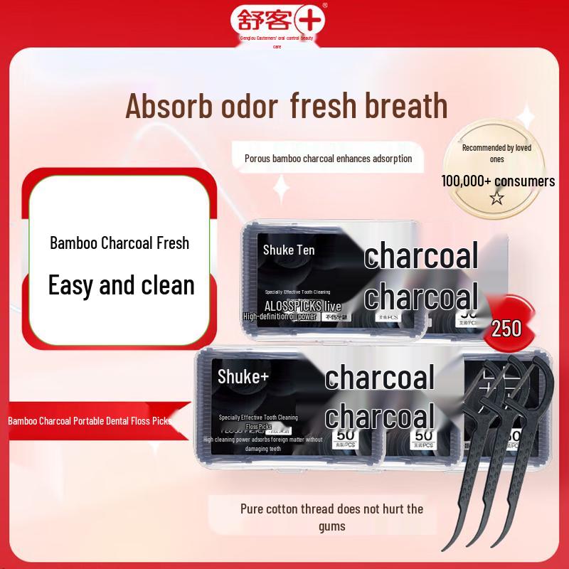 

Зубочистки с зубной нитью Sakol с бамбуковым углем для глубокой очистки, 250 штук