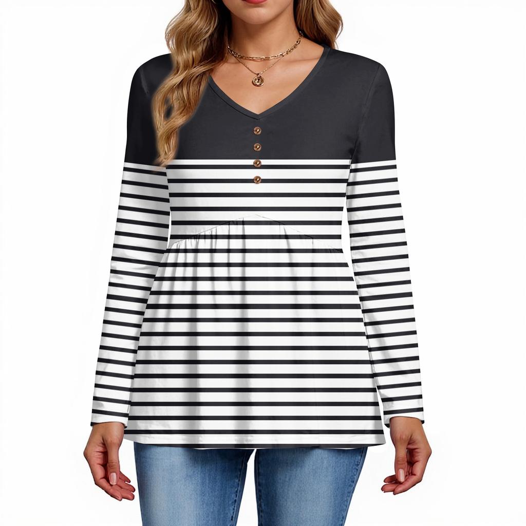Women's Casual Fashion V-Neck Button Striped Long Sleeve Top