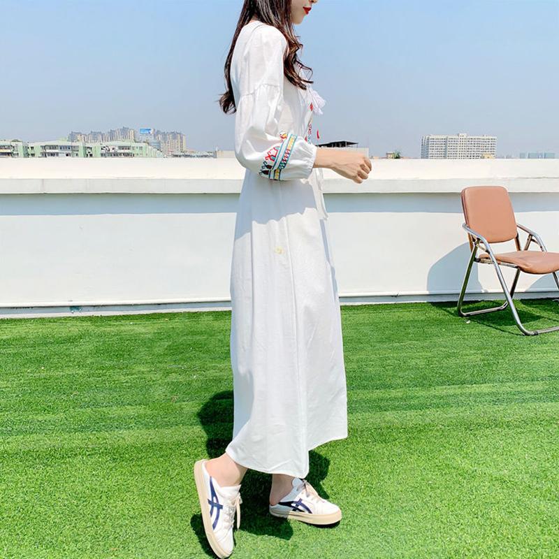 Ethnic Wind Long Dress Embroidered Cotton and Linen White Long Dress Beach Vacation Dresses for Women