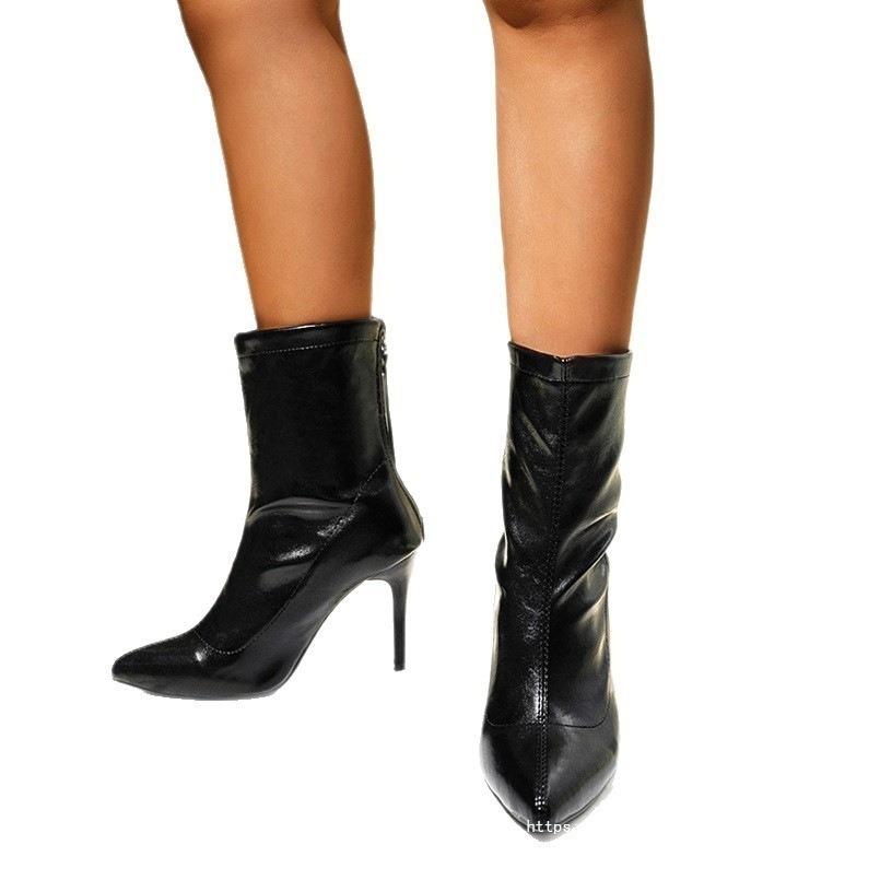 2025 autumn new thin heel short fashion boots wish European and American style pointed high heel leather boots women's rear zipper