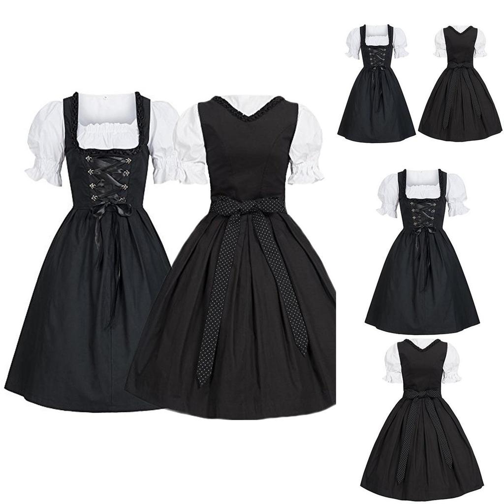 Vintage Bavarian Dirndl Costume With Elastic Waist And Bubble Sleeves For Festive Occasions