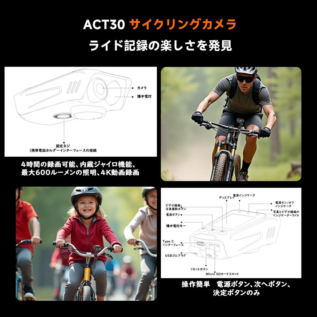 SVBONY Bicycle Dash Cycle and Electronic Color 4K GPS Video IMX386 Smartphone ACT30 Action Camera 4-in-1 Cam, Computer, Light, Horn, 2-inch Screen,