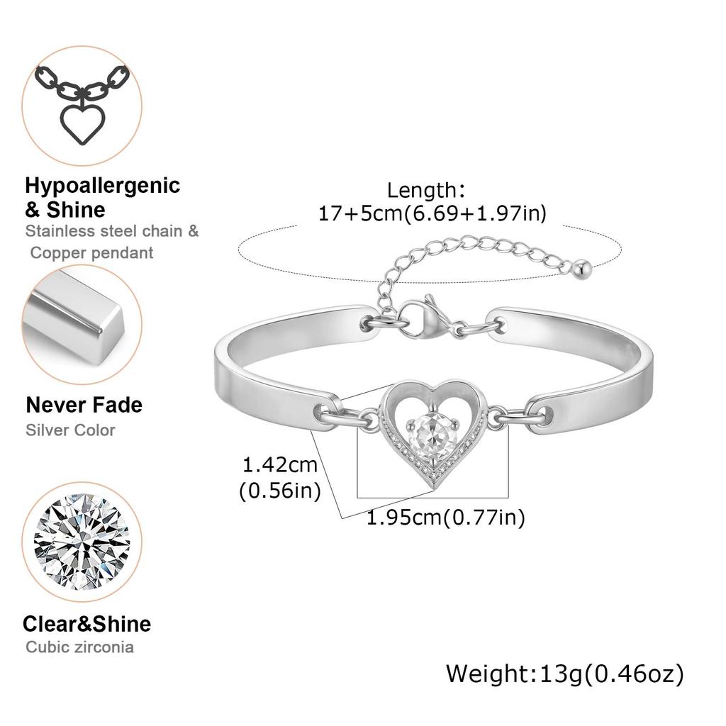 Dainty Love Heart Charm Bracelet for Women, Stainless Steel Zircon Adjustable Bangle, Fashion Exquisite Jewelry Gifts for Mom