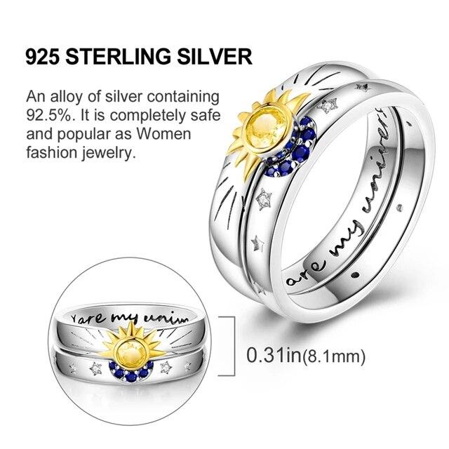 Double Rings Sun With Moon Enamel Zircon Silver Color Finger Rings For Women Girl Female Luxury Party Engagement Jewelry
