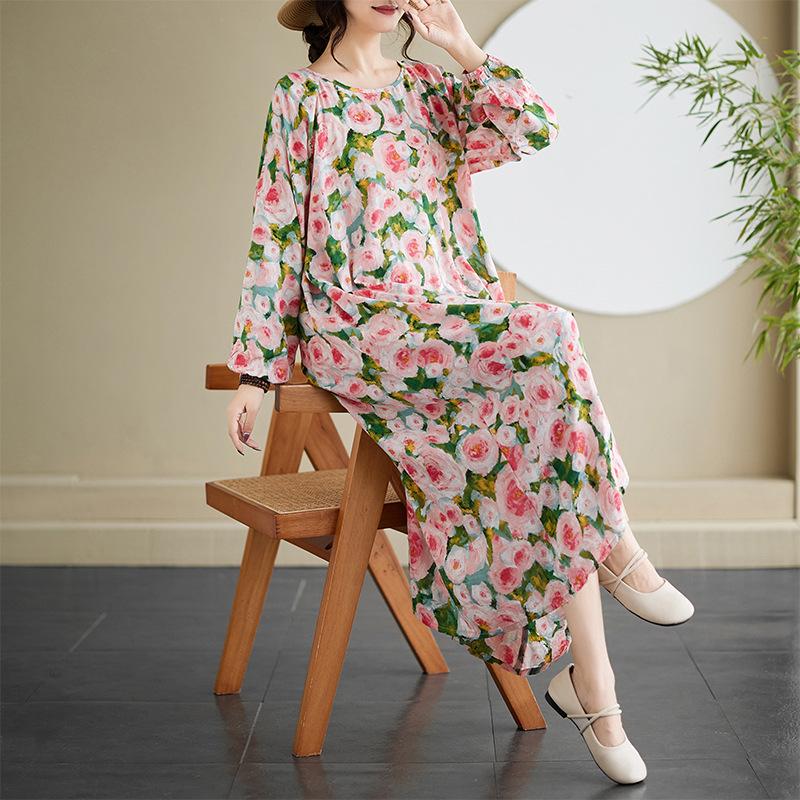 Herbstlich Lässig Künstlerisch Übergröße Locker Bedruckt Rundhals Langarmkleid für Frauen Kleider