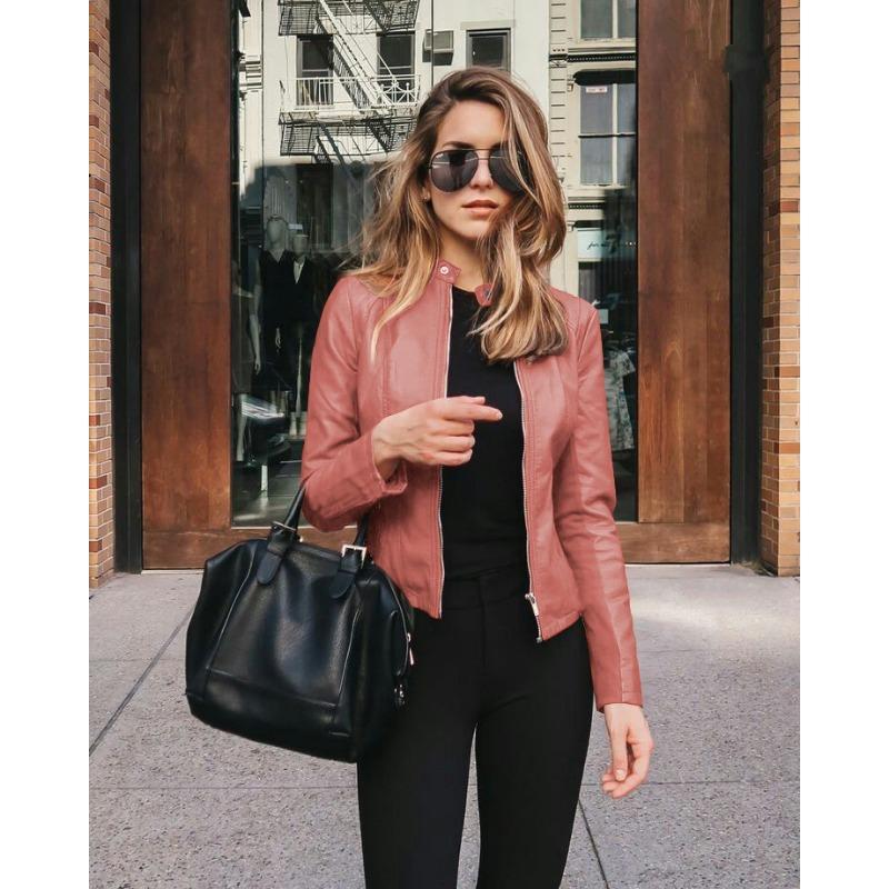 Autumn Winter Stand Collar Casual Fashion PU Leather Coat Women Street Style Solid Color Zipper Cardigan Outwear Top