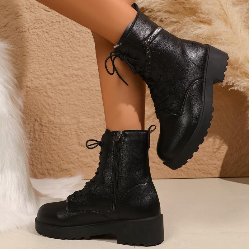 Platform Block Heel Cotton Boots Winter New Round Toe Front Lace-Up Side Zipper Anti-Slip Wear-Resistant Short-Tube Boots