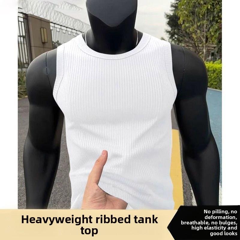 White coarse ribbed tank top for men, summer slim-fit, muscle-enhancing, sleeveless American-style gym sports vest for men