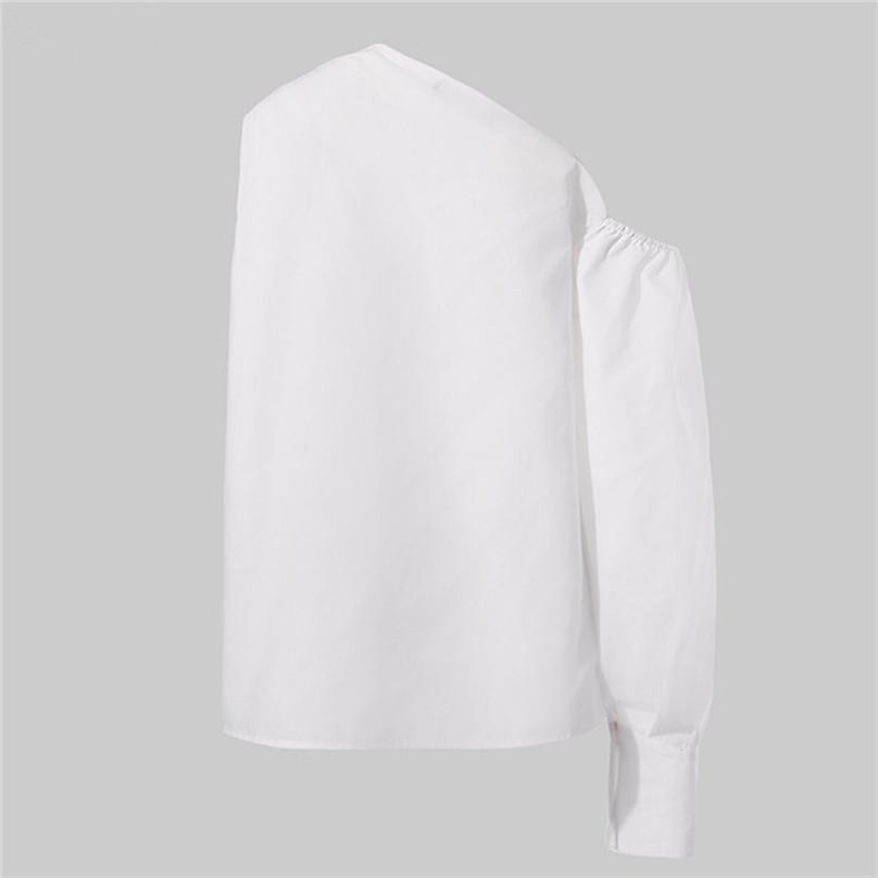 Women Fashion One-sleeve Loose and Thin Casual Slim Shirt Chic Solid Color Long-sleeved Asymmetrical Shirt