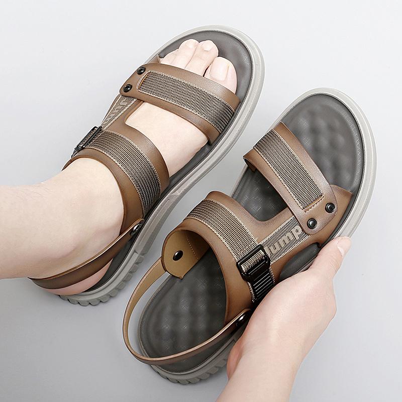 Men's Fashion Webbing Stitching Cowhide Outdoor Casual Beach Shoes Men Genuine Leather Beach Sandals Classics Trekking Footwear