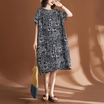 Summer Plus Size Women's Cotton Linen Retro Miao Pattern Ethnic Style Casual Dress