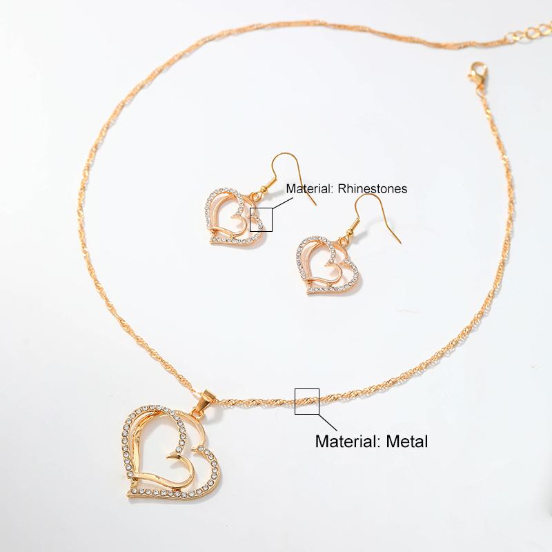 3Pcs/Set Heart Shaped Jewelry Set Of Earrings Pendant Necklace For Women Party Exquisite Fashion Rhinestone Double Heart Peach Heart Jewelry Set