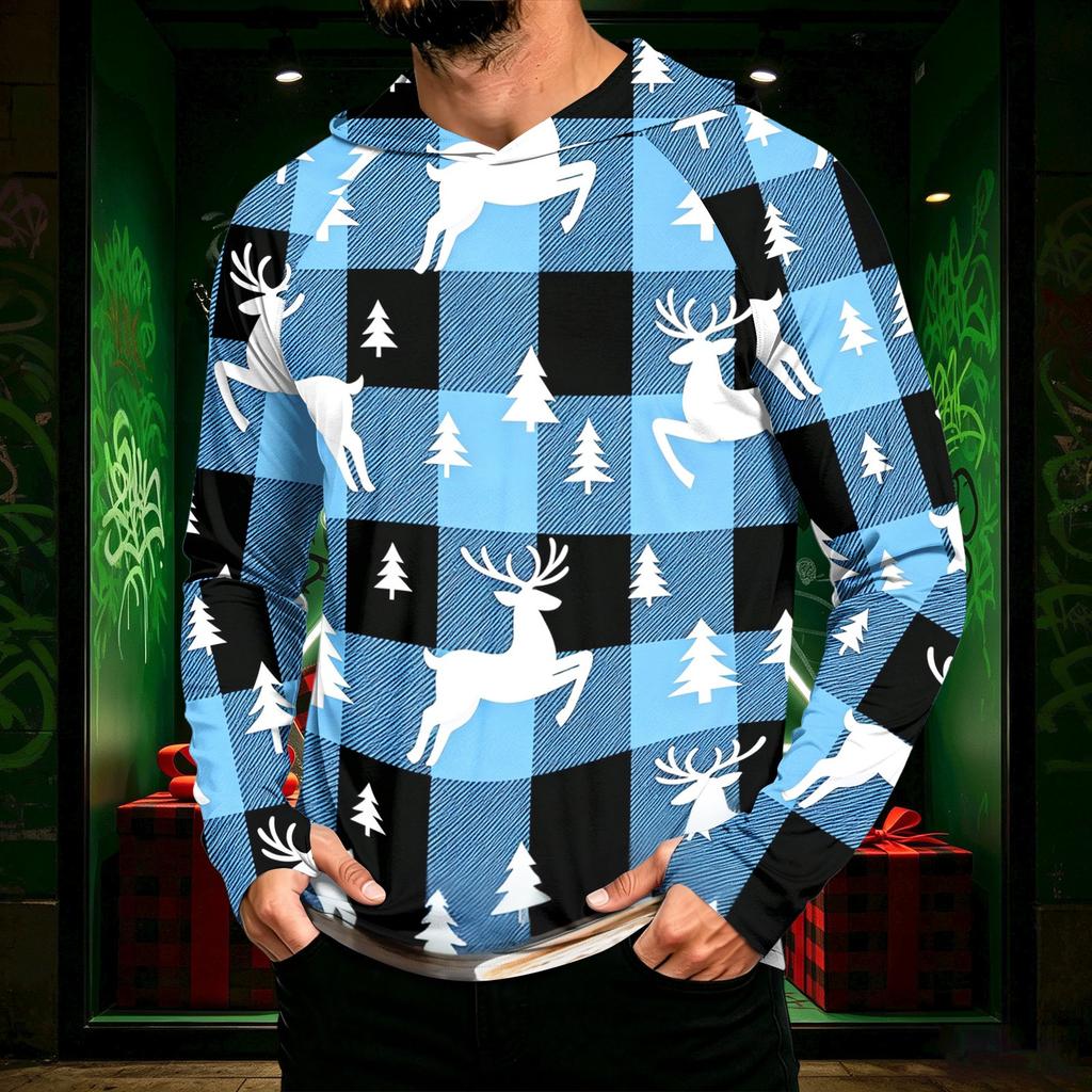 Men's Long Sleeve Hooded Sun Shirt with Christmas Print