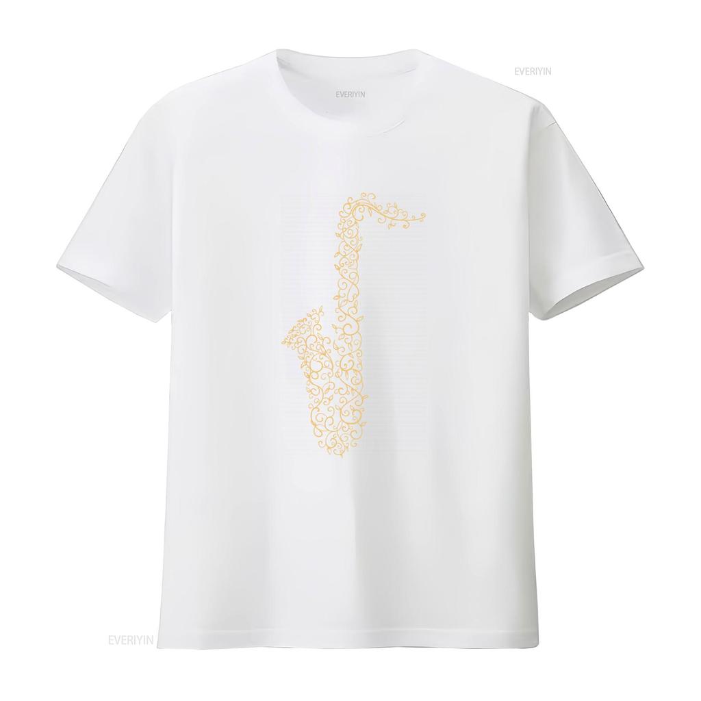 Elegant Gold Vine Wrapped Saxophone Print T Shirt for Music Lovers 100 Cotton vintage Washed homme Casual Soft Breathable