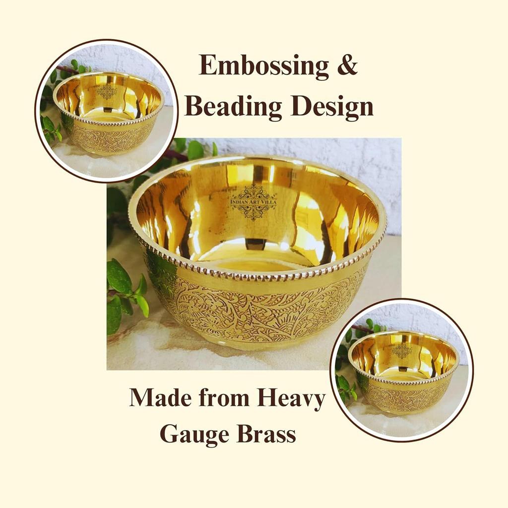Pure Brass Embossed Design Flat Bottom Bowl, Decorative Dinnerware, Tableware and Serveware for Home Hotel Restaurant, Volume-150 Ml, Set of 4