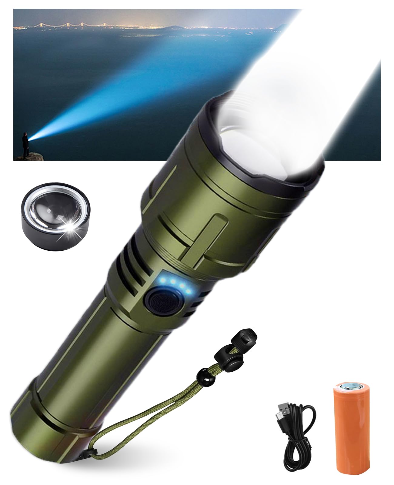 

JUNHOTAI Мощный светодиодный фонарь с линзой Френеля и огнивом 216мм x 50мм Перезаряжаемый 5000 мАч 26650 Люмен Регулируемый фокус 5 режимов яркости 500М зелёный