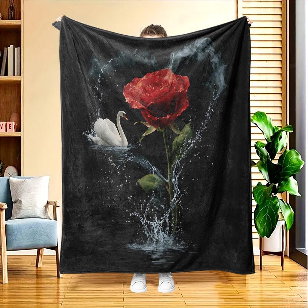 1pc Swan & Rose Flannel Blanket - Quilted Bedspread Suitable for All-Season Cooling, Soft Skin-Friendly Bedspread with Swan & Rose Print, Machine Wash