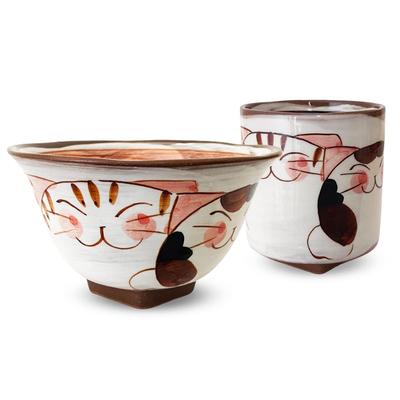 Rice Bowl Cup 3 Hasami Kobo Made In Japan J-kitchens Square-pedestal + Set, Red, Kittens, Ware, Sho,