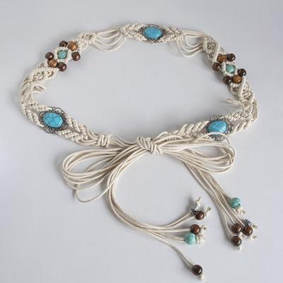 Saia de Primavera e Verão com Corda de Cintura Feminina Tecida com Nós em Liga de Metal e Contas de Resina Turquesa Estilo Étnico Boho