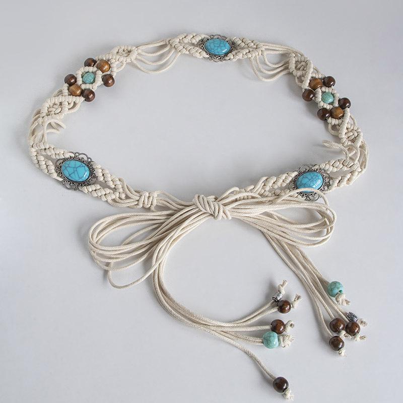 

Spring and Summer Skirt with Boho Alloy Turquoise Resin Beads Weaving Knotted Ethnic Style Women s Waist Rope