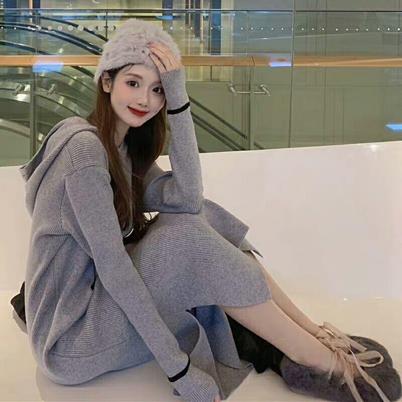 

Ранняя осень новая толстовка с капюшоном длинное платье ретро повседневный дизайн нишевое вязаное платье тренд XL серый