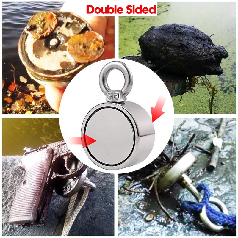 75mm 500KG Double-sided Fishing Magnets Round Hook Salvage Magnet Sea Fishing Equipments Holder with Ring 10M Rope