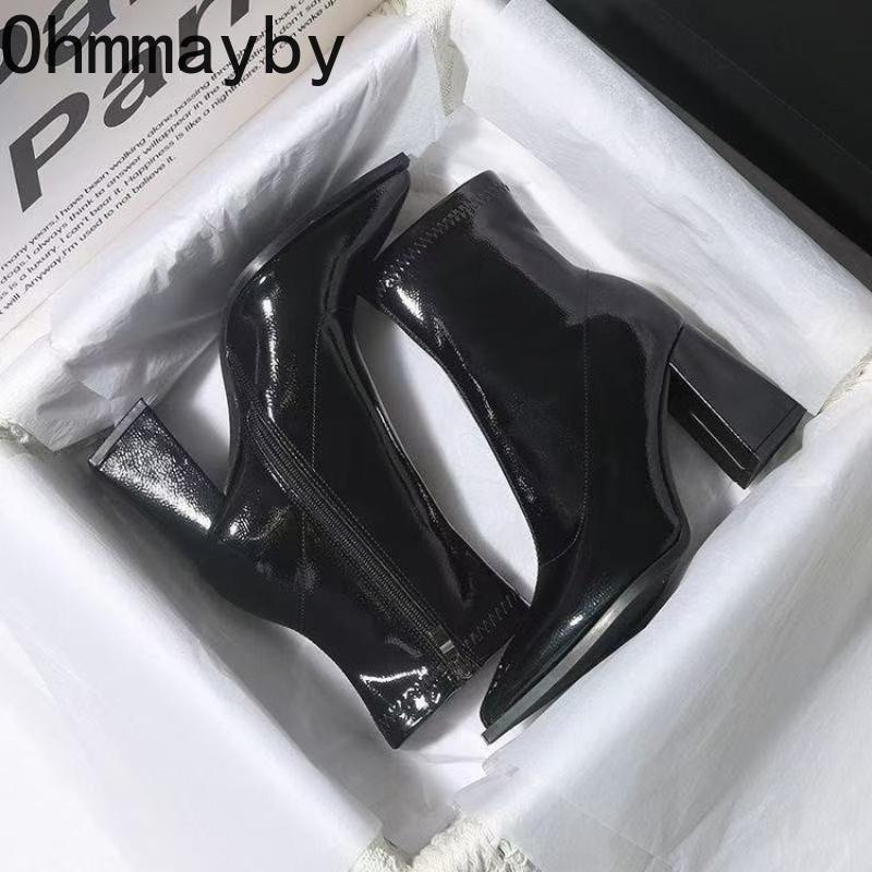 Vintage Thick Heel Women Ankle Boots Fashion Patent Leather Pointed Toe Short Booties Wedding Party Autumn Winter Shoes