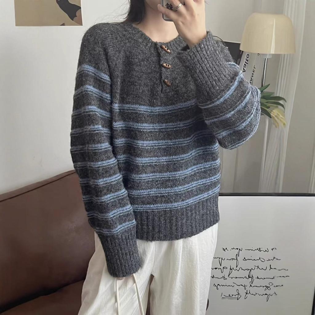 Herbst- und Winterlockere Künstlerische Retro-Gestreifte Strickpullover mit einem Designgefühl von Kuhhorn-Schnalle Pullover Damenpullover