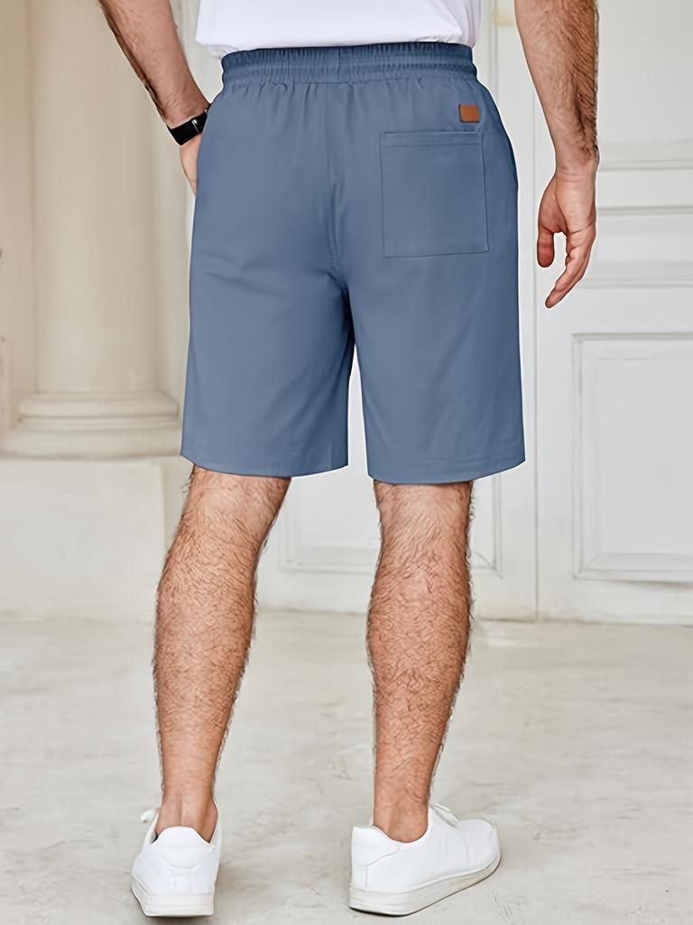 Men's Solid-color Suit Shorts with Leather Label Drawstring Casual Multi-pocket Capre Shorts