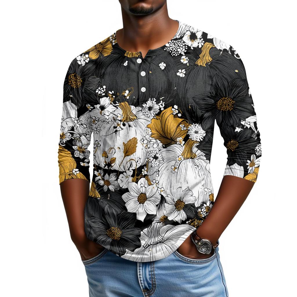 Men's Casual Halloween Print Henley Shirt Raglan Three Quarter Sleeve Top Comfortable Fit Lightweight Fabric