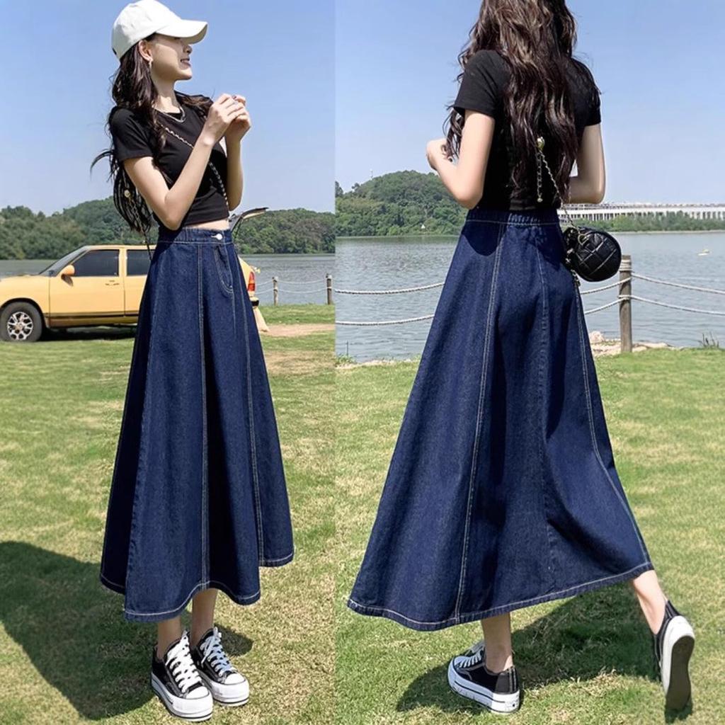 2025 Women's High Waist Slimming Midi Denim A-Line Skirt for Spring/Summer