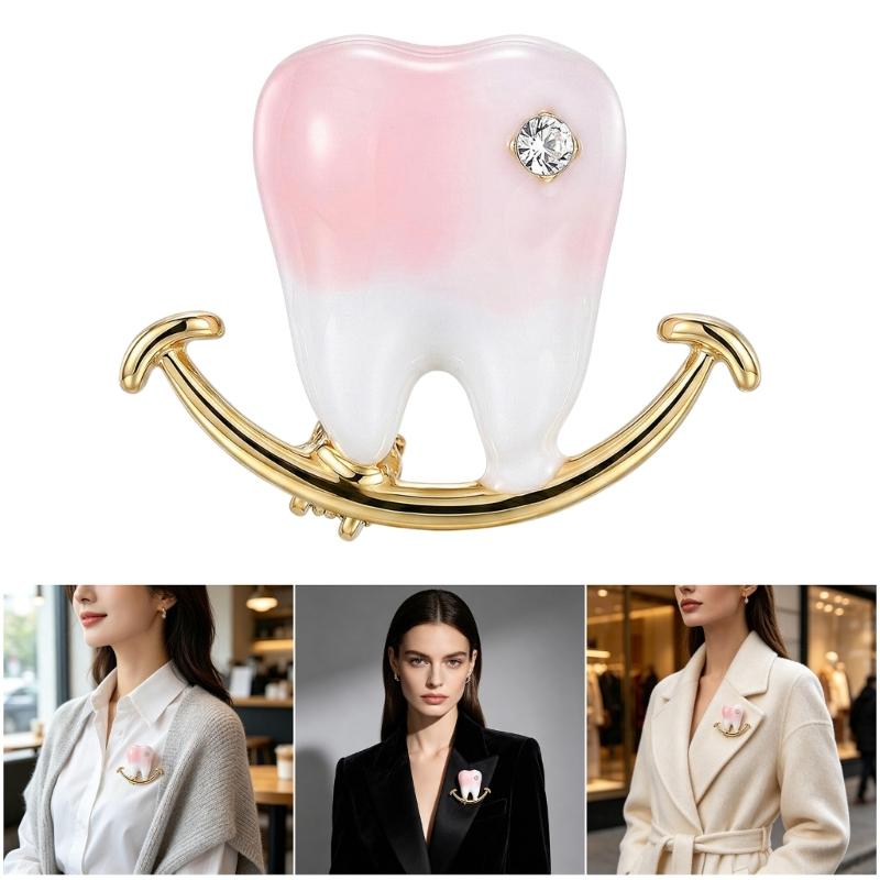 Tooth Brooch Pin Glossy Pink and White Enamel Style Alloy Lapel Accent with Gold Tone Outline, Pin Back Accessory for Jackets Collars and Bags