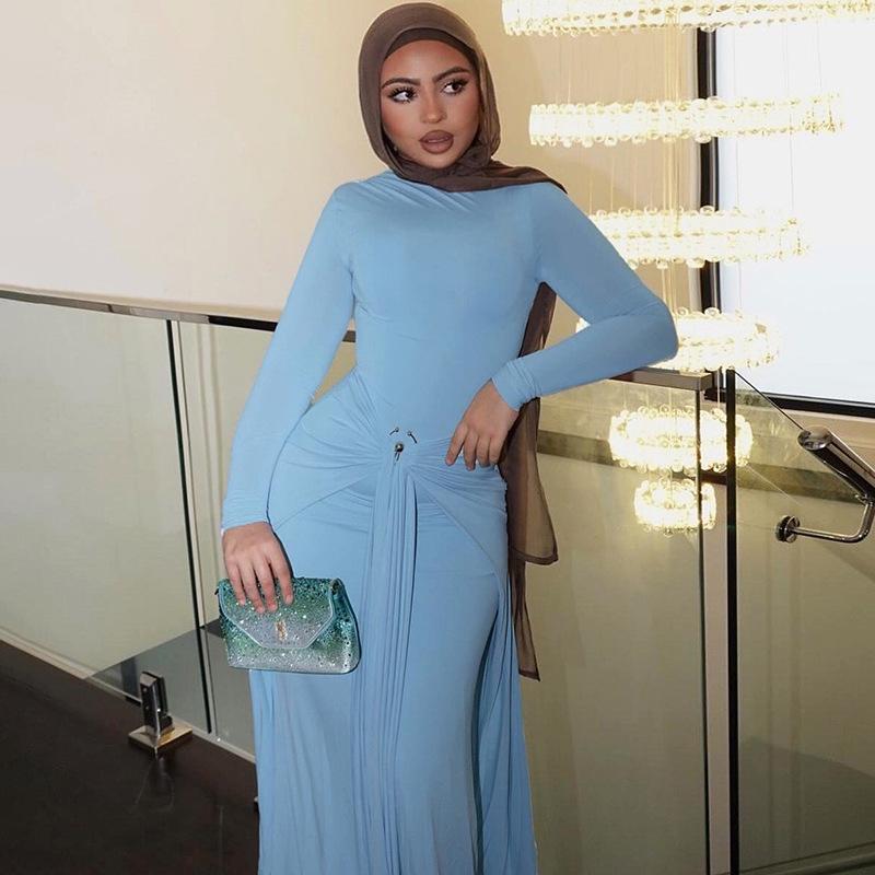 2025 Autumn/Winter European & American Style Solid Color Dress with Decorative Ring Buckle and Tie-Up Design