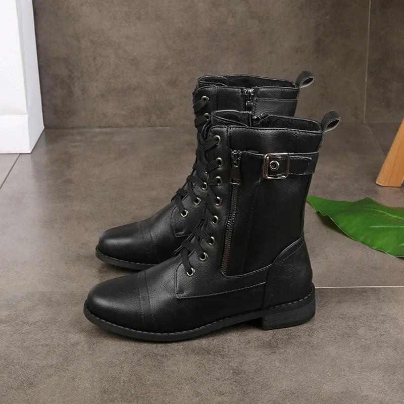 Damen Square Heels Stiefeletten Herbst Winter PU Leder Kurze Arbeitsstiefel Frau Übergröße Schnürschuhe Elastische Schuhe