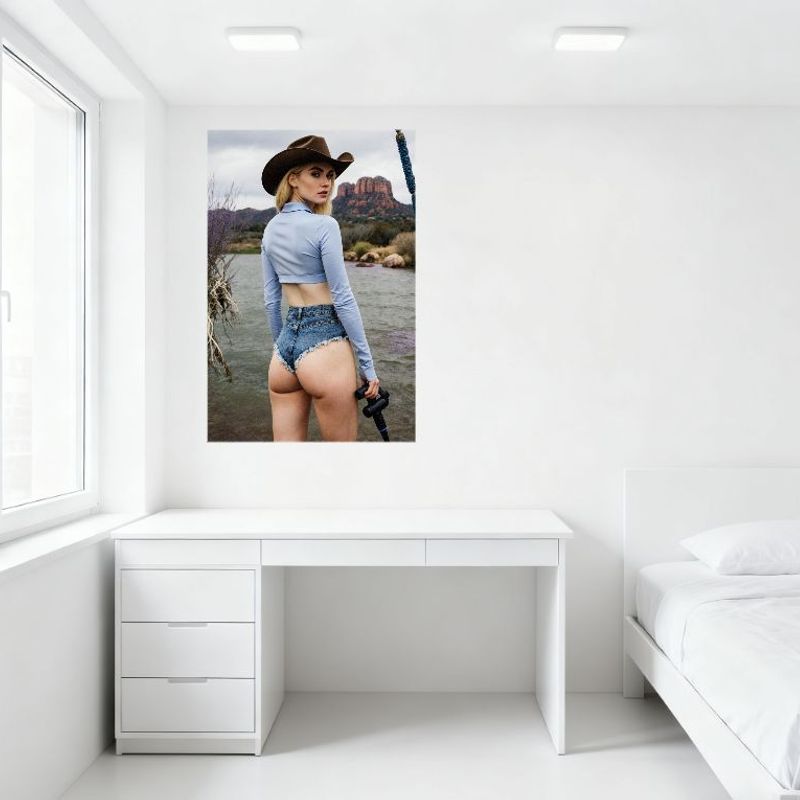 Sexy Woman in Brown Cowboy Hat Outdoor Near Water Rugged Red Rock Tin Sign Vintage Metal Poster for Home Bar Cafe Wall Decor