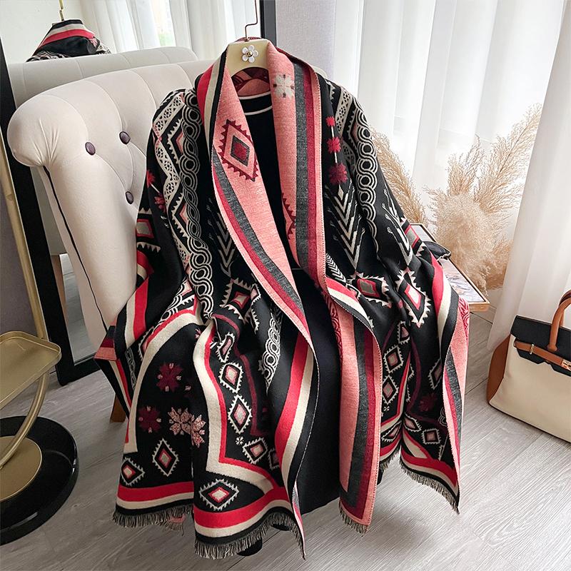 Winter Luxury Ladies' Imitation Cashmere Geometric Pattern Thicken Warm Scarf Shawl Pashmina Wrap Blanket