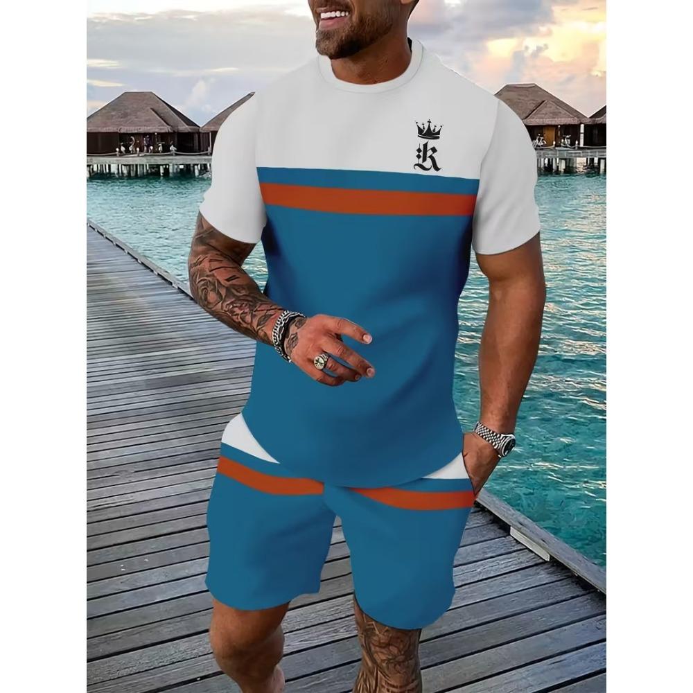 New King Crown Printed T-shirt and Shorts 2-piece Set for Men's Sports Short Sleeves and Shorts Outdoor Street Men's Wear