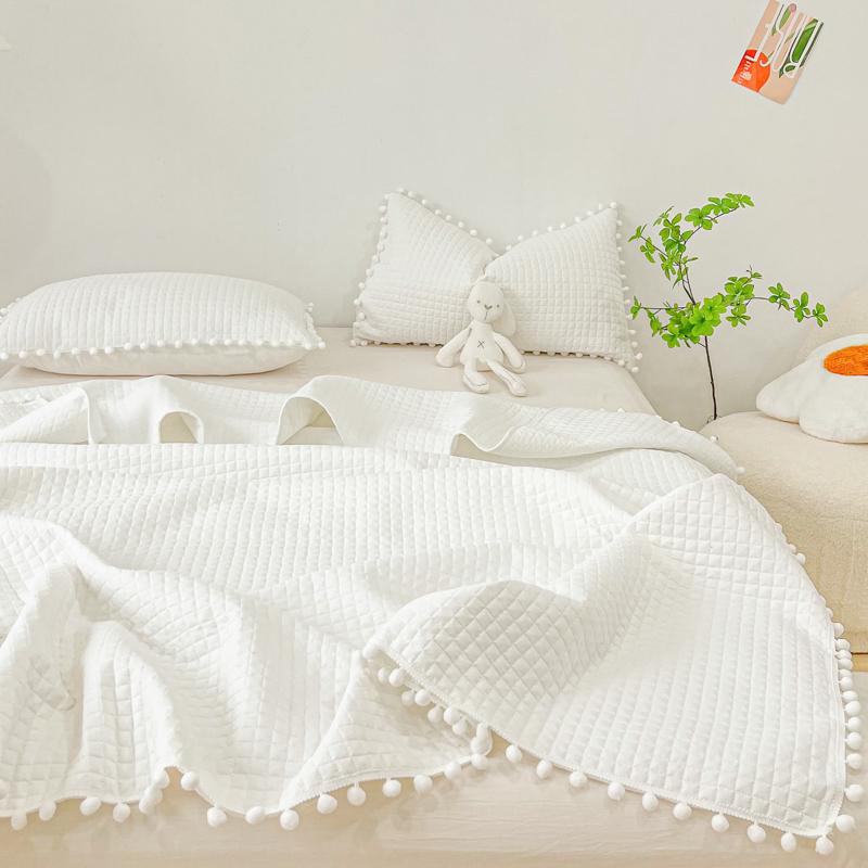 INS Style White Ball Edge Quilted Quilt Blanket Bedspread Washed Solid Color Korean Princess Style Summer Thin Quilt