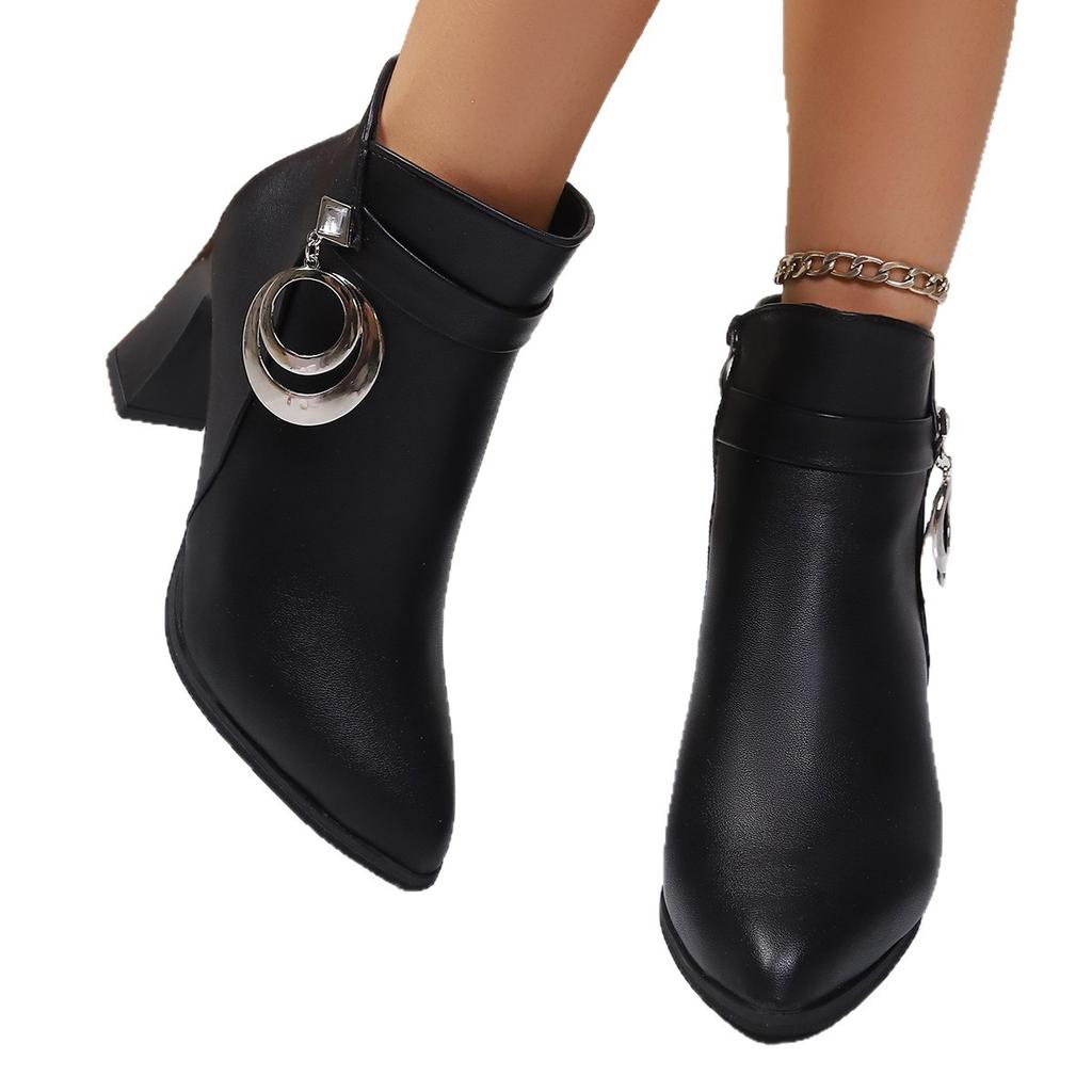 Winter pointed British high-heeled fashion boots thick heel velvet large size metal buckle short boots women