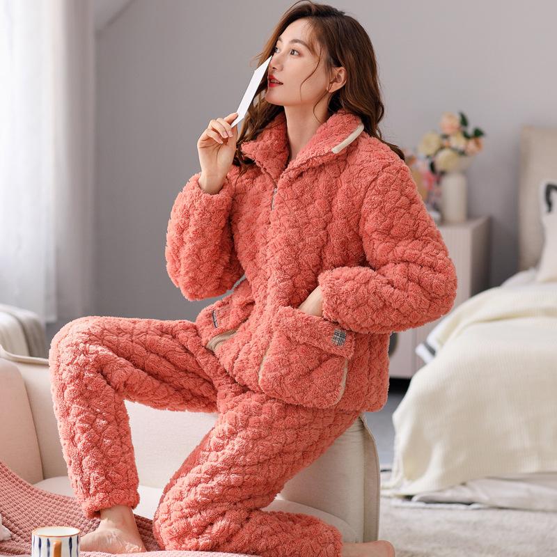 Autumn And Winter Pajamas Women'S Coral Fleece Padded Cotton Winter Three-Layer Warm Thickened Flannel Loungewear Zipper Set
