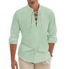 Herren Vintage Baumwolle Leinen Schnürhemd Lässig Langarm Henley Kragen Oberteile Einfarbig Atmungsaktiv Trendy Streetwear