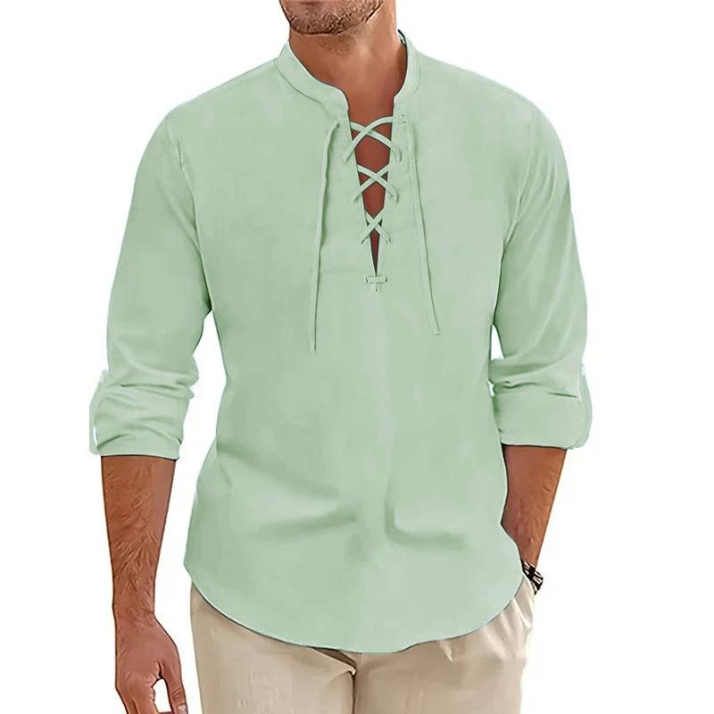 

Мужская винтажная рубашка из хлопка и льна со шнуровкой, повседневная, с длинным рукавом и воротником-хенли, однотонная, дышащая, модная уличная одежда XXXL зелёный